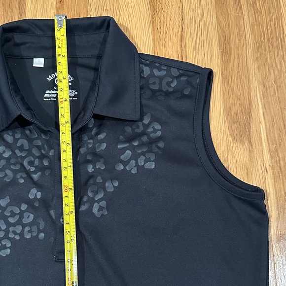 Monterey Club | Women's Black Sleeveless Polo Top with cheetah print accent - Picture 6 of 12
